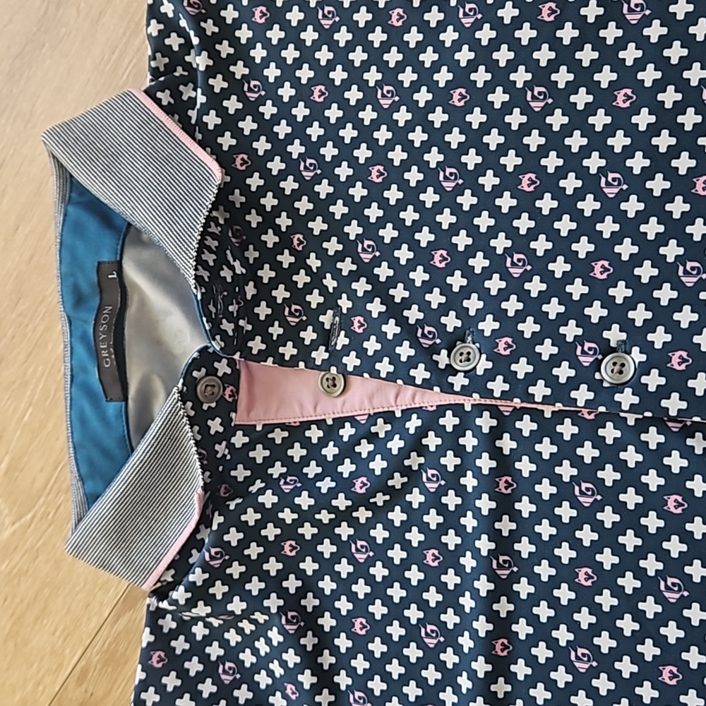 Greyson Pink and Blue Polo Shirt with Geometric Pattern